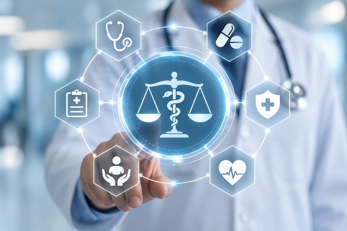 Balan&ccedil;a com o s&iacute;mbolo da medicina cercada por &iacute;cones de sa&uacute;de, representando o direito m&eacute;dico